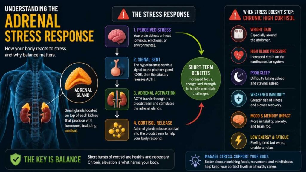 Anatomical visual showing adrenal glands and how to lower cortisol levels naturally