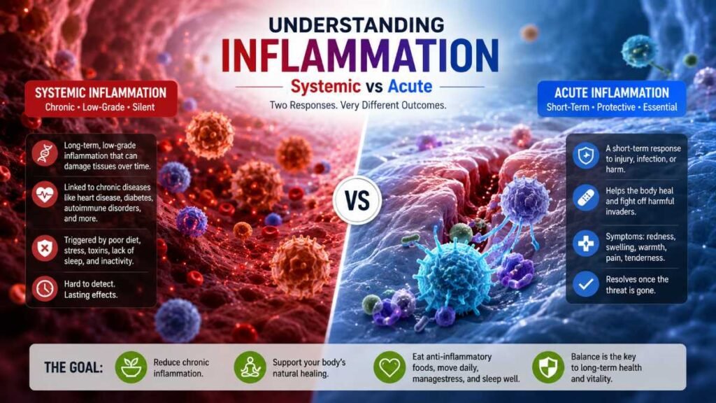Medical illustration comparing active systemic inflammation versus balanced cellular health