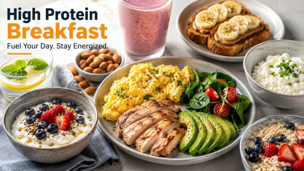 A vibrant high protein breakfast plate with eggs, avocado, and whole grains on a wooden table