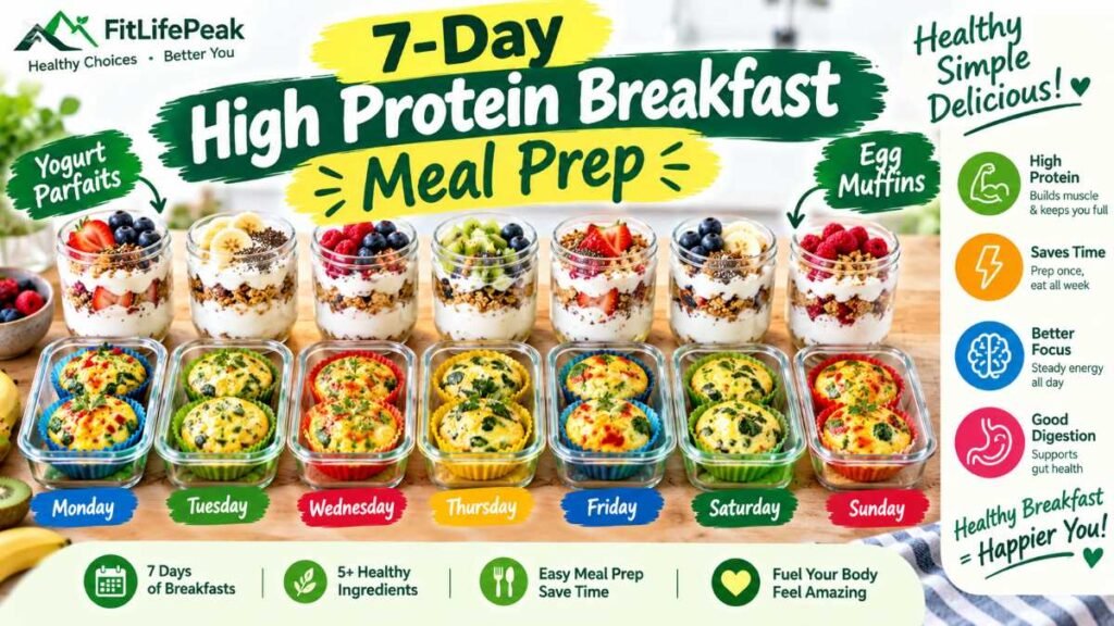 Prepped egg muffins and yogurt bowls for a high protein breakfast plan