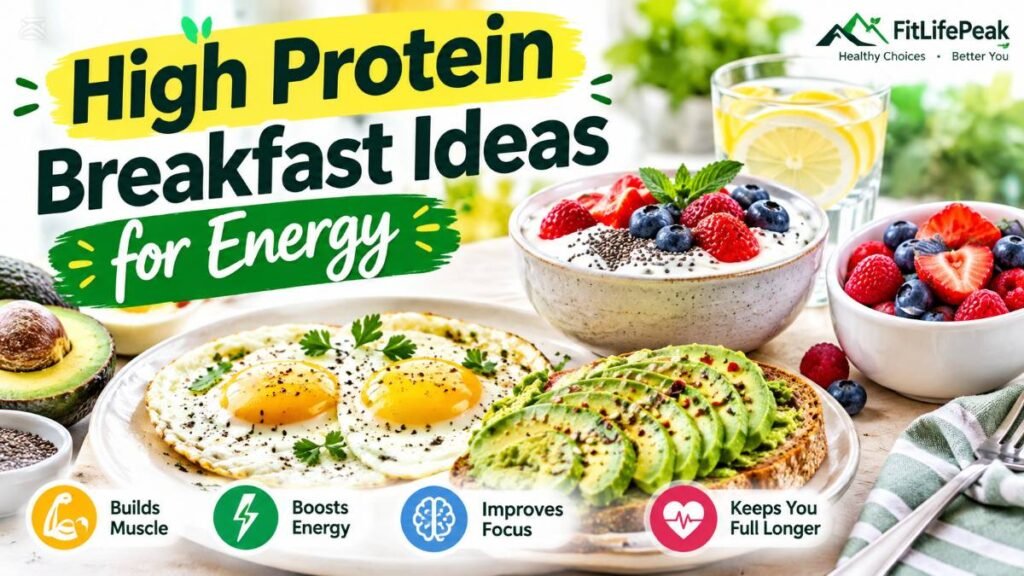A fresh high protein breakfast spread featuring eggs, Greek yogurt, berries, and avocado