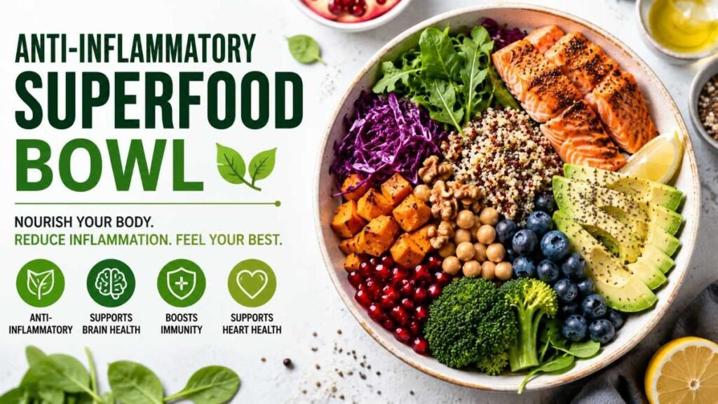 Colorful anti-inflammatory diet meal bowl featuring fresh berries, greens, and omega-3 rich salmon