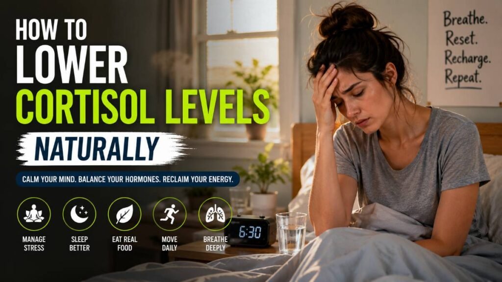 Person feeling stressed and exhausted in bed, searching for how to lower cortisol levels