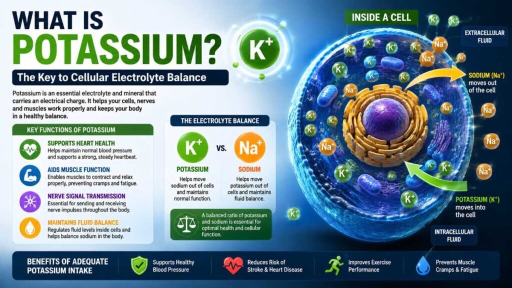 Diagram illustrating how foods high in potassium maintain fluid balance and cellular health.