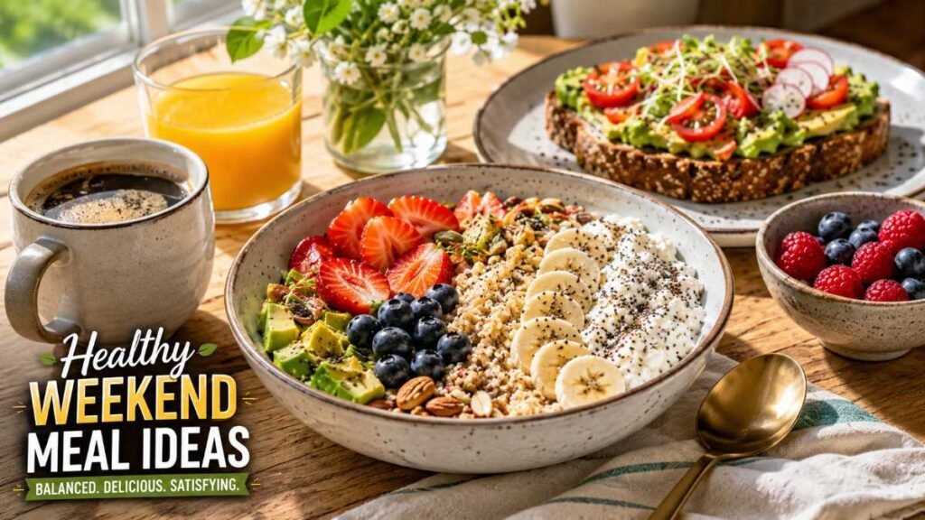 A high-protein savory breakfast bowl with poached eggs and avocado as balanced meal ideas for the weekend