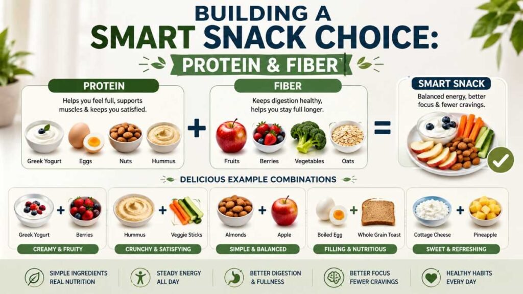 An infographic explaining that a smart snack choice combines protein and fiber for lasting energy.