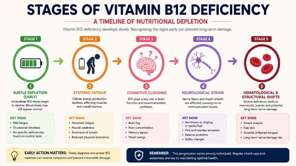 Infographic diagram showing the step-by-step timeline of vitamin b12 deficiency symptoms from cellular depletion to neurological strain.