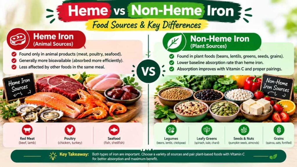 Visual comparison of heme and non-heme choices among the best iron rich foods