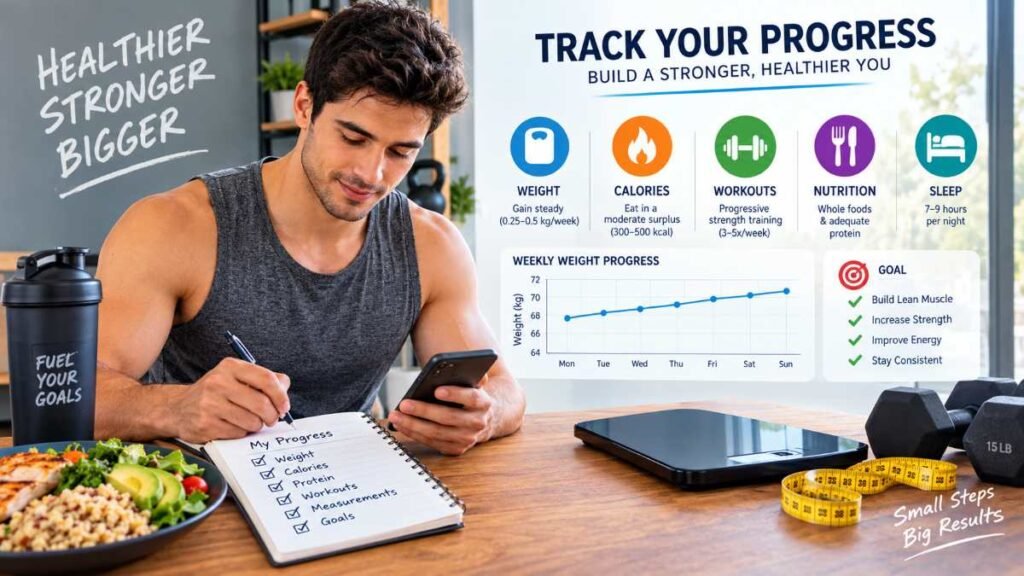 A person tracking progress on a mobile app and scale for healthy weight gain foods