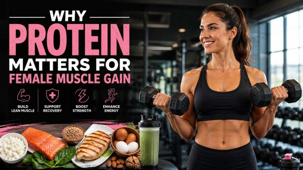 A colorful spread of healthy muscle building foods for women displayed on a clean kitchen table.