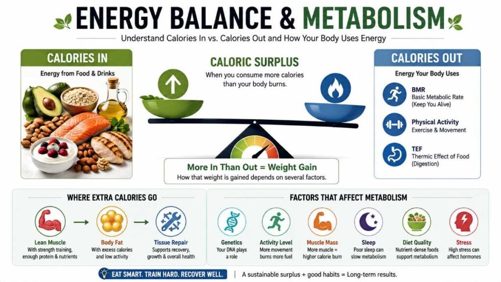 Infographic showing caloric surplus and energy balance for muscle growth