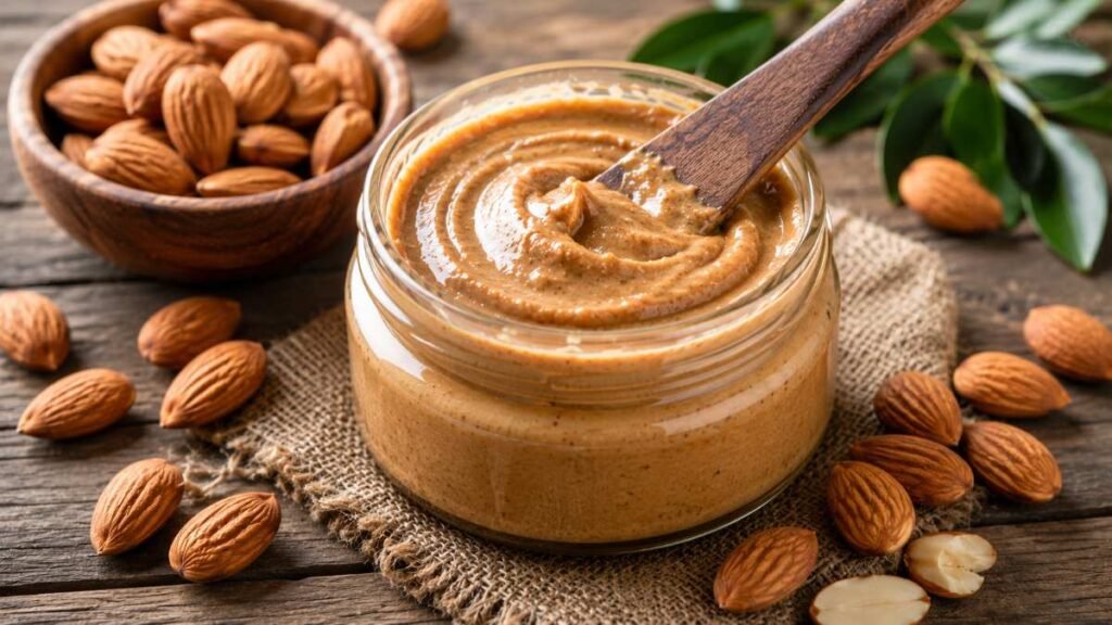 Creamy single-ingredient natural nut butter in a glass jar