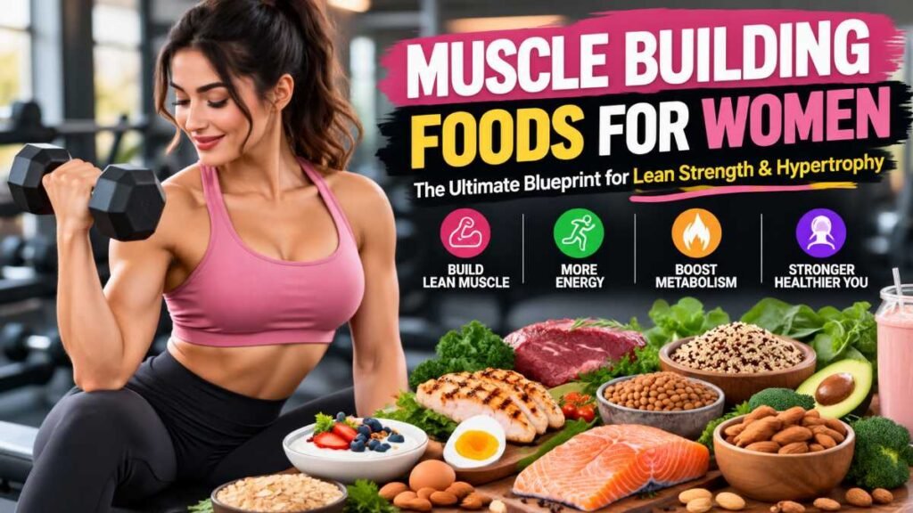 Woman performing heavy resistance training focusing on muscle building foods for women