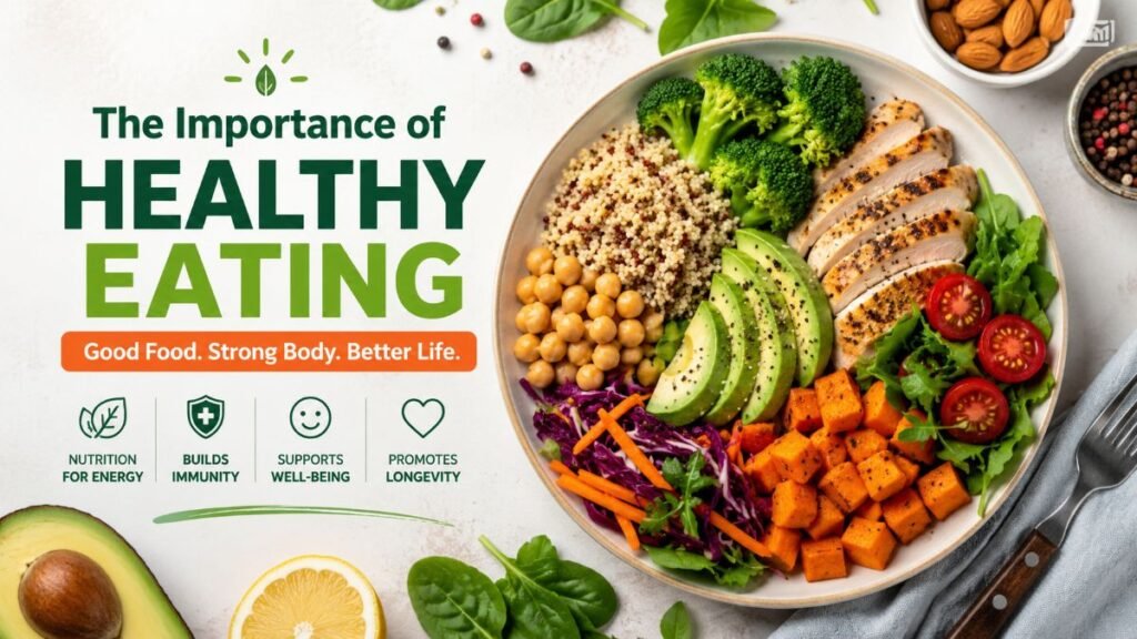 Plate with colorful whole foods representing the importance of healthy eating habits.