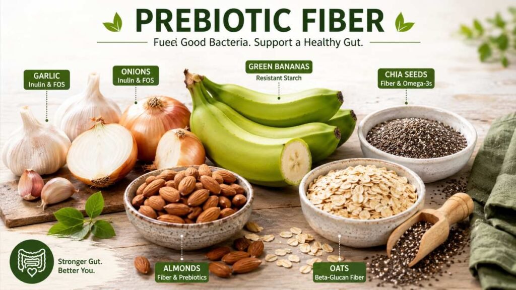 Fresh garlic, green bananas, chia seeds, and oats as prebiotic gut healthy foods