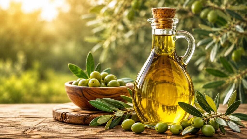 Premium extra virgin olive oil bottle surrounded by fresh olives