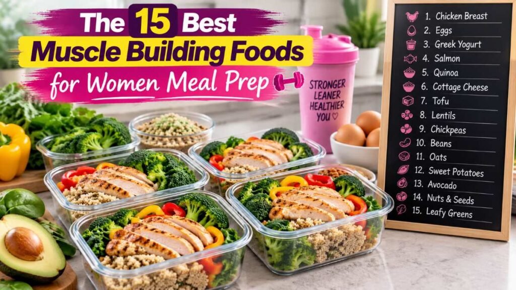 High-protein meal prep bowls featuring top muscle building foods for women like chicken and quinoa.