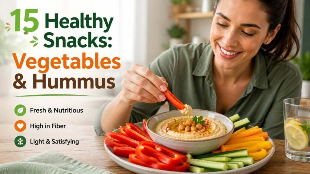 A person enjoying fresh vegetables with hummus as an easy, healthy snack option.
