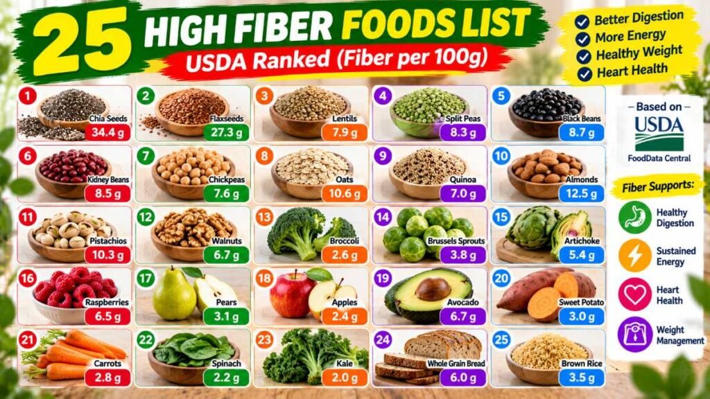 A diverse display of legumes, fruits, vegetables, and seeds high in fiber