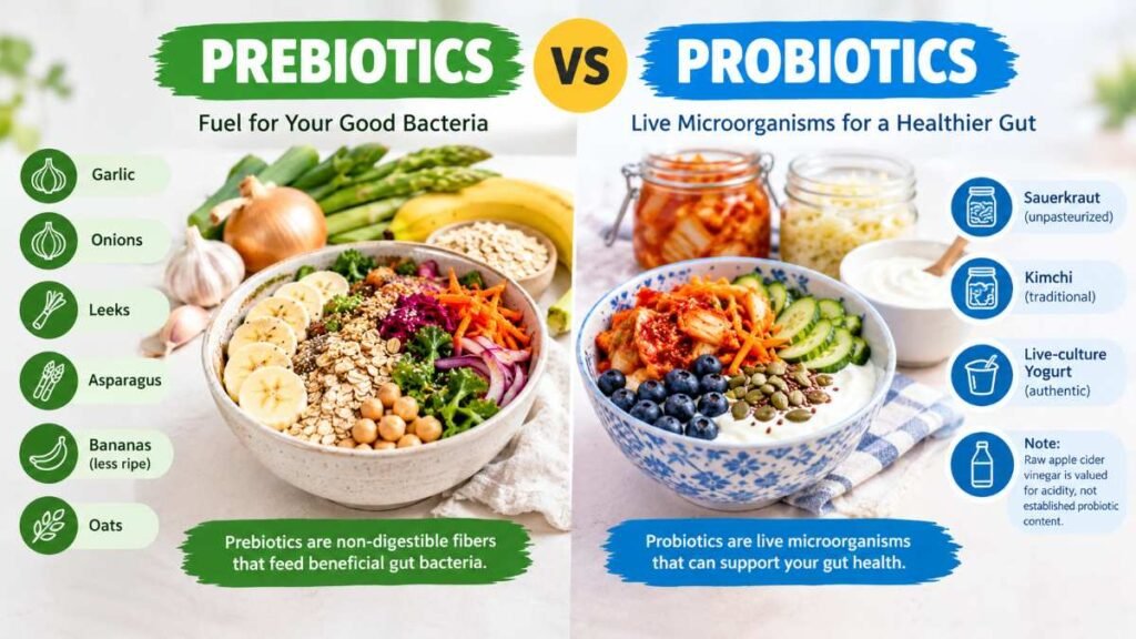 Bowls of fermented yogurt and prebiotic root vegetables