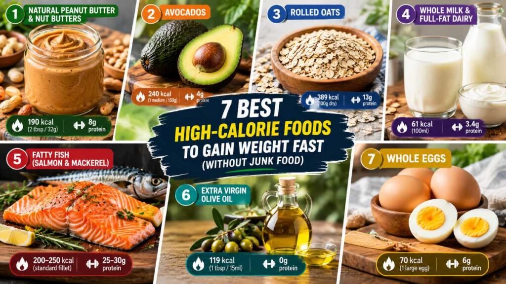 Split-screen view of healthy weight gain foods: avocado, nuts, salmon, oats, milk, eggs, oil.
