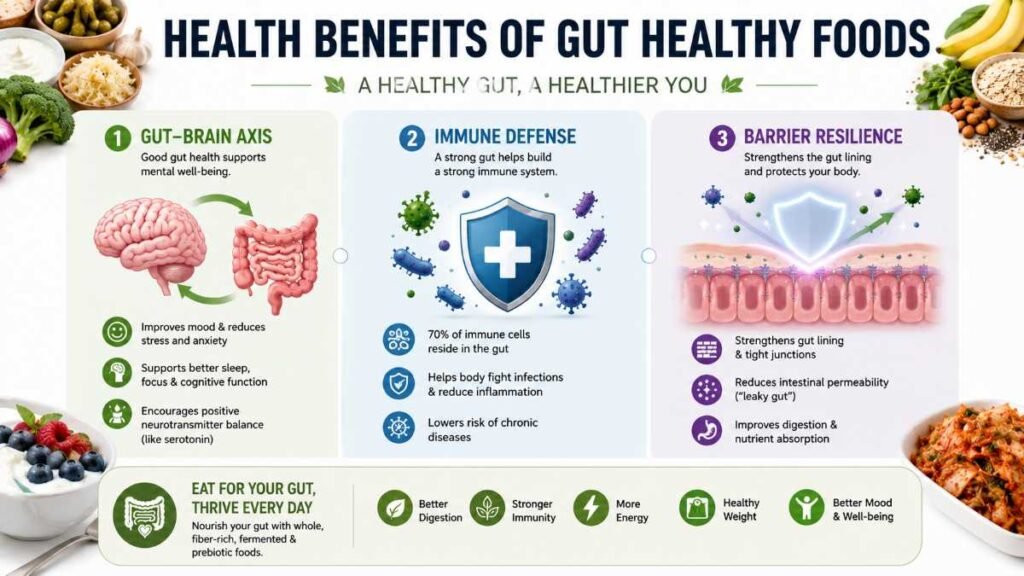 Diagram highlighting mucosal barrier support and gut-brain signaling from gut healthy foods