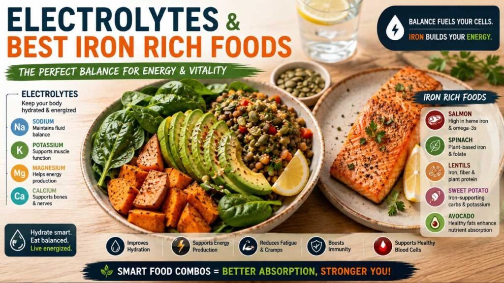 Balanced meal featuring foods high in potassium and best iron rich foods for vitality.