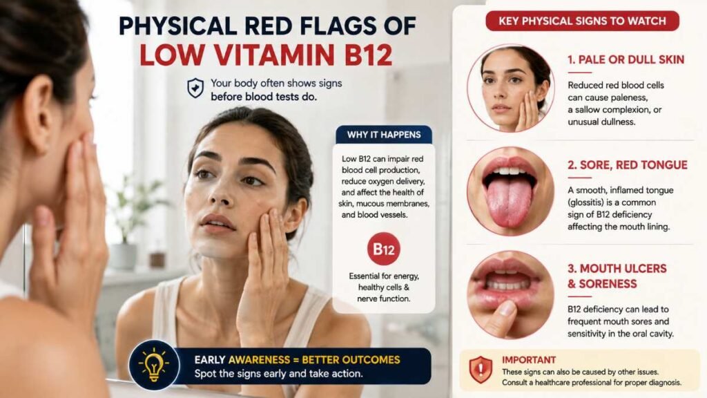 Visual depiction of physical warning signs such as skin pallor and fatigue associated with vitamin b12 deficiency symptoms.