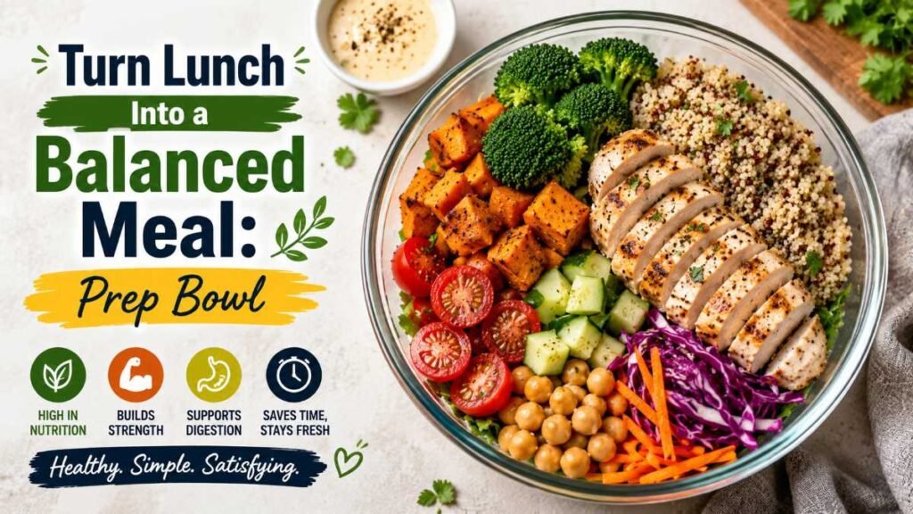 Balanced lunch bowl with protein, greens, and grains