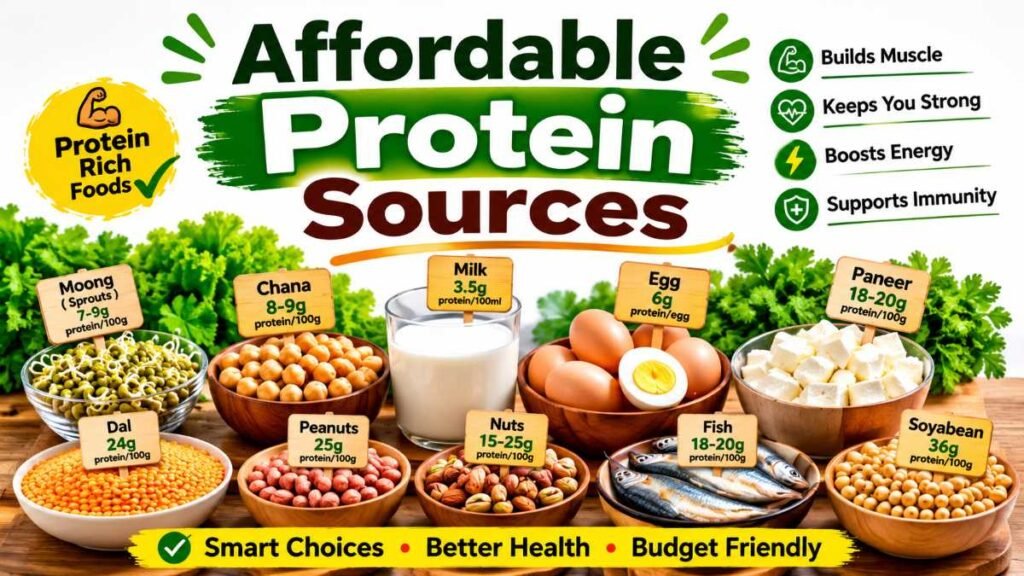 Affordable protein sources like eggs, beans, lentils, and canned tuna