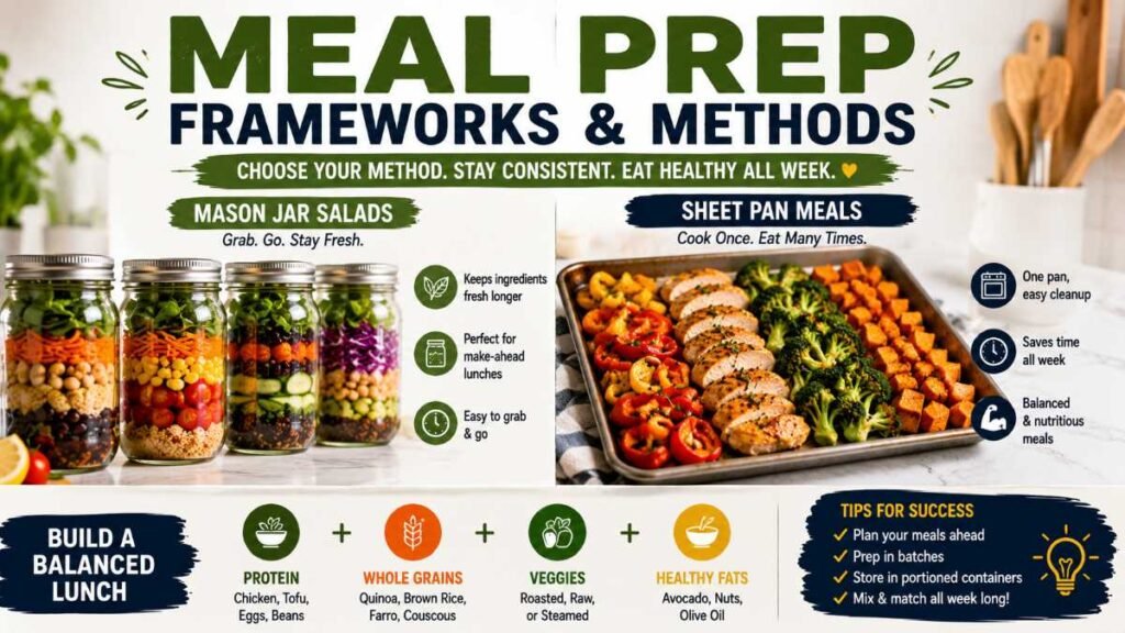 Four cooking frameworks for healthy meal prep ideas for lunch including Mason jars and sheet pans