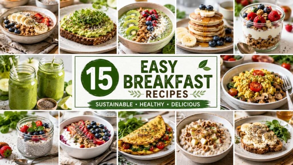 Collection of 15 healthy breakfast recipes on a wooden board