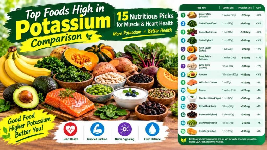 A diverse table spread of foods high in potassium including white beans and salmon