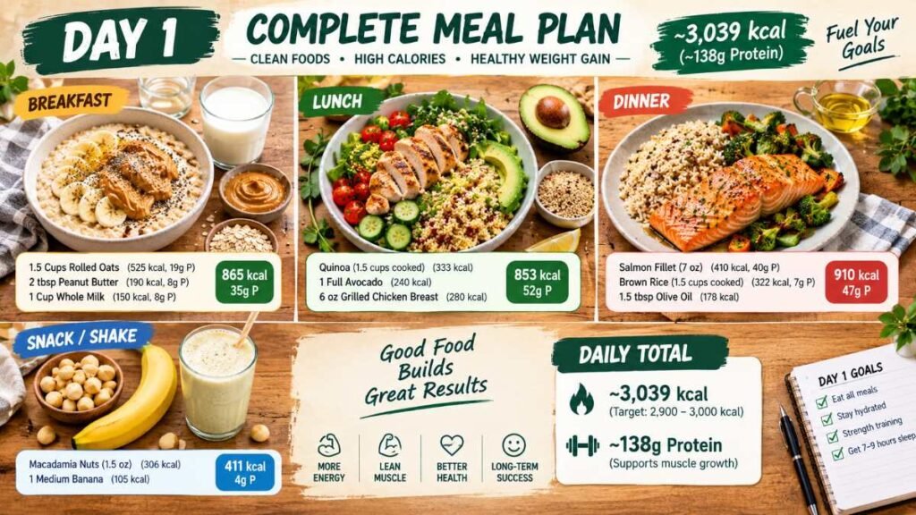 A full day's worth of healthy weight gain foods for a clean bulking meal plan.