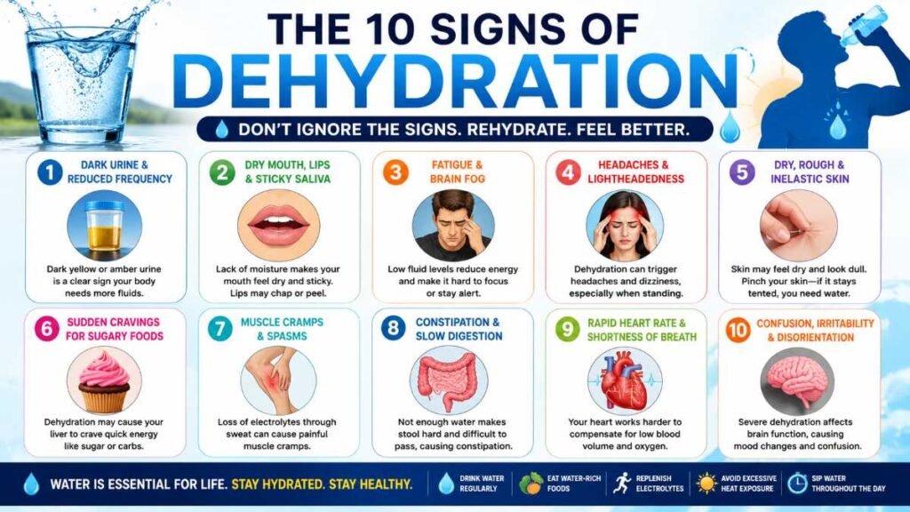 Detailed graphic of the 10 signs of dehydration to watch for