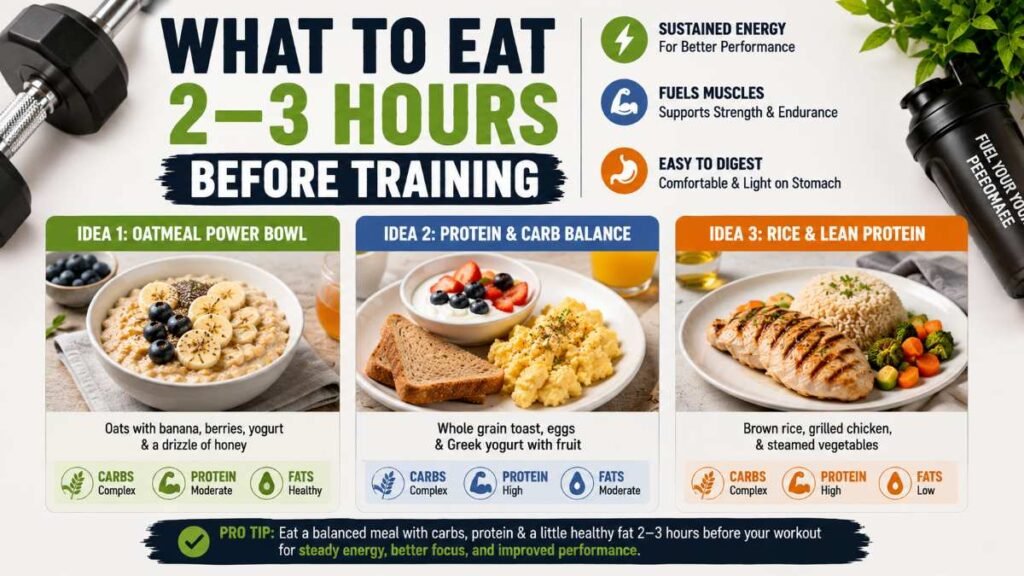 Pre-workout meal ideas including oatmeal, eggs, fruit, rice, and grilled chicken