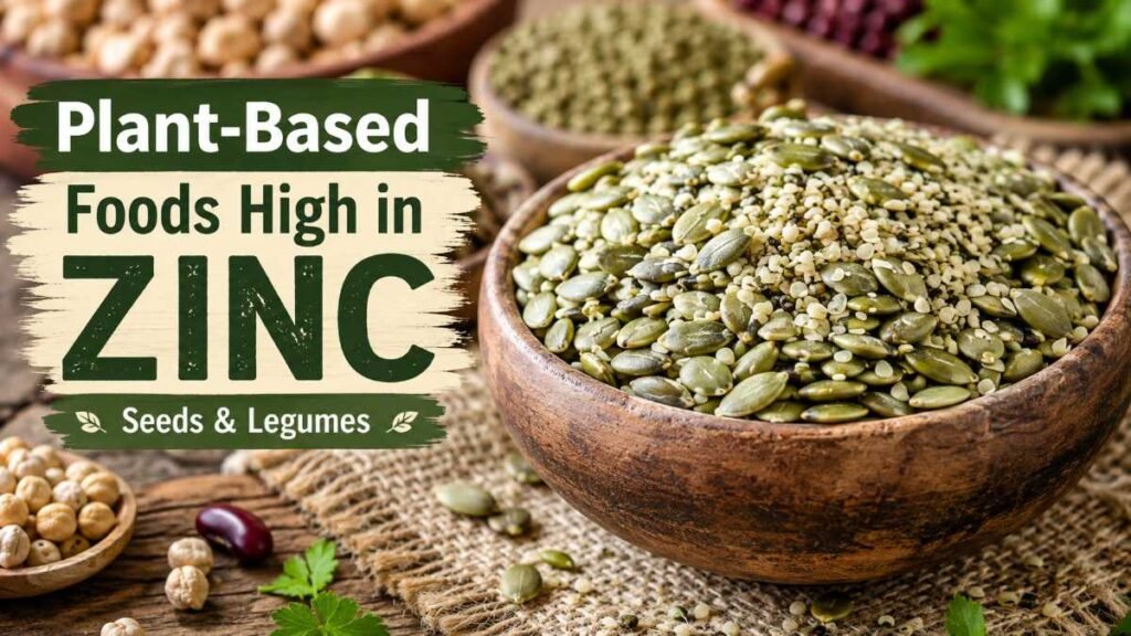 A rustic bowl filled with roasted pumpkin seeds and hemp seeds, with cooked chickpeas and lentils in the background.