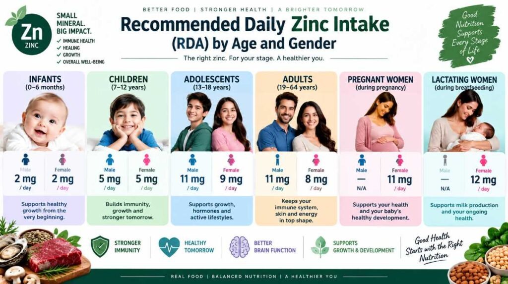 Infographic detailing recommended daily allowance (RDA) of zinc for adult men (11 mg), women (8 mg), and pregnant/lactating women.