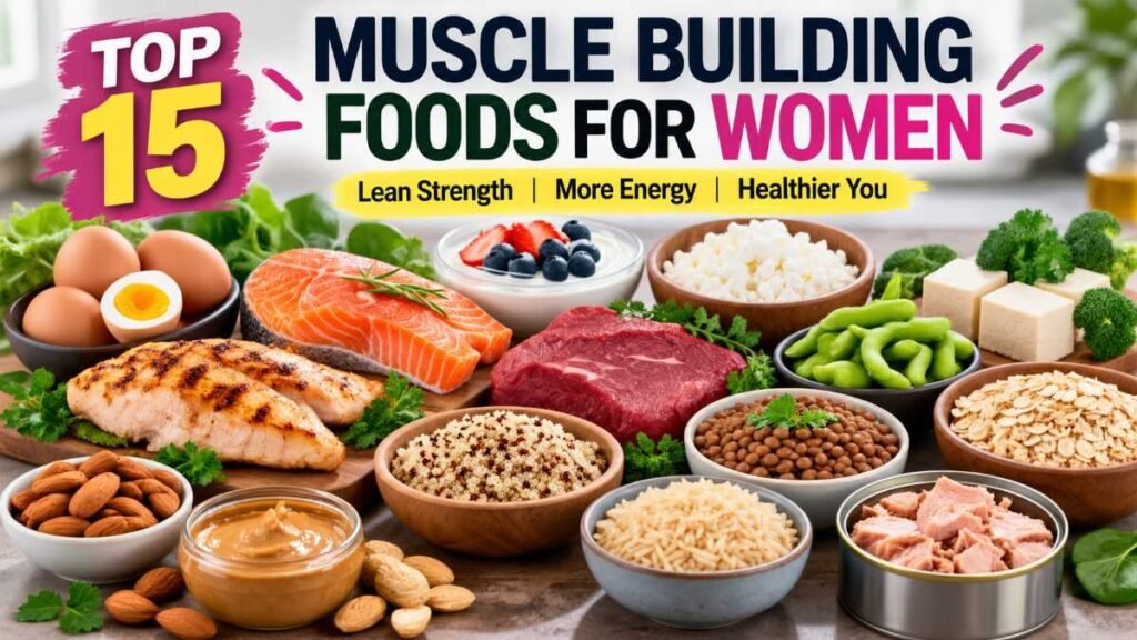 Nutrient-dense muscle building foods for women arranged neatly