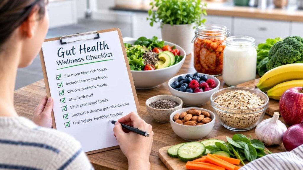 Checklist illustrating common signs of microbial imbalance alongside natural gut healthy foods