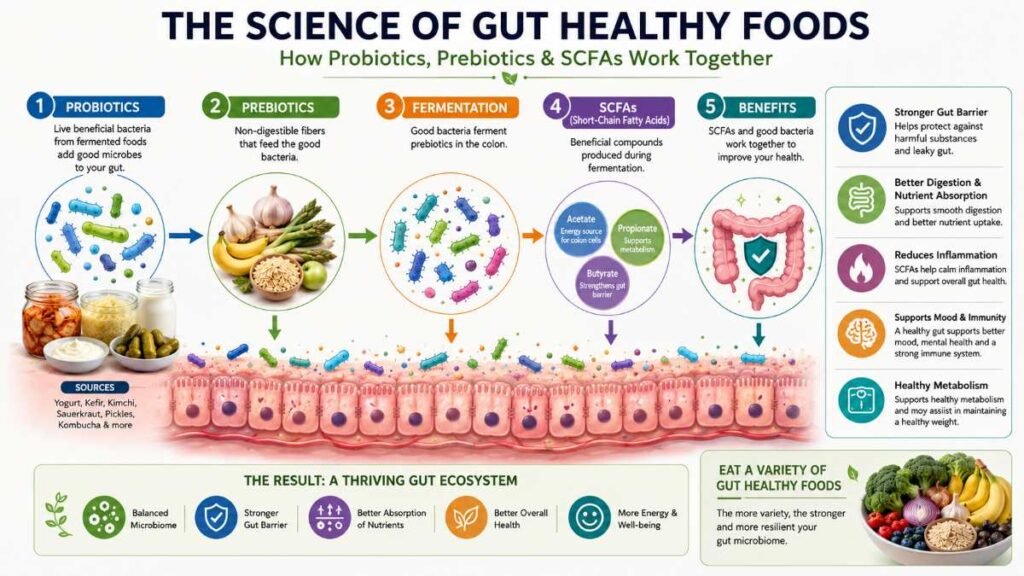 Clean diagram depicting how gut healthy foods support short-chain fatty acid production and gut lining integrity