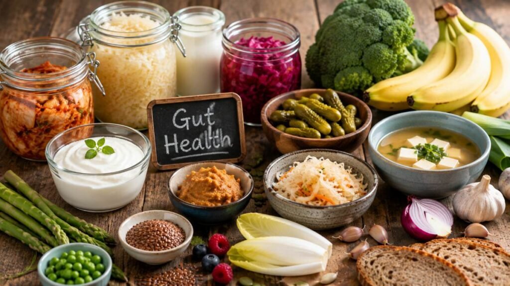 A vibrant spread of fermented kefir, sauerkraut, garlic, chia seeds, and apples as top gut healthy foods