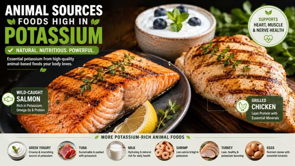 Freshly cooked wild-caught salmon and lean meats providing bioavailable foods high in potassium.