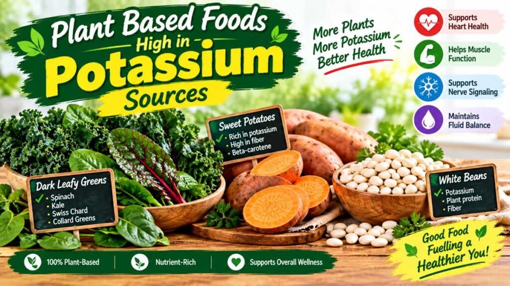 Nutrient-dense plant based foods high in potassium like cooked spinach and sweet potatoes