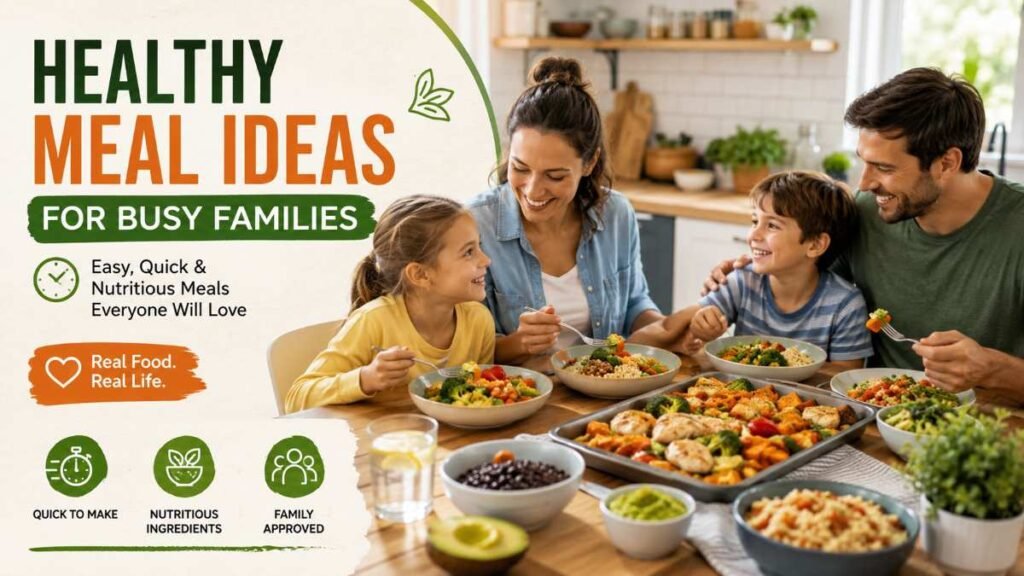 Healthy meal ideas for busy families with colorful, balanced foods for everyday family dinners.