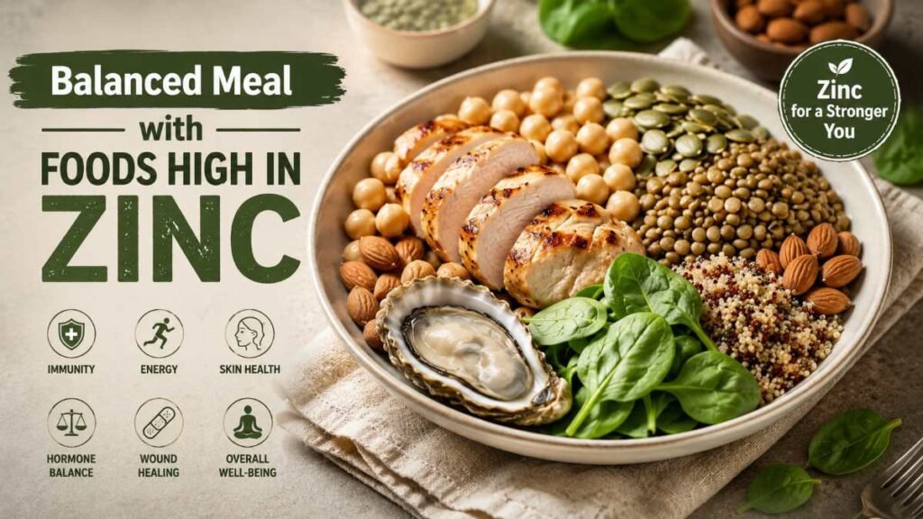 Healthy meal bowl made with foods high in zinc like seeds, meat, and lentils