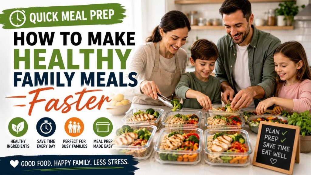 Quick healthy family meal preparation with vegetables, grains, protein, and ready-to-use ingredients.