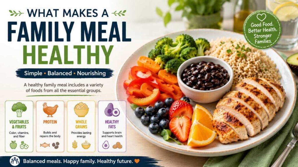 A balanced family meal with vegetables, protein, whole grains, and healthy fats.
