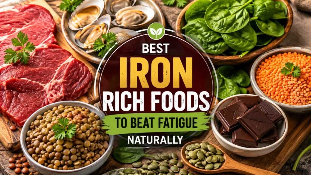 Fresh assortment of the best iron rich foods including spinach, lentils, shellfish, and seeds on a wooden table.