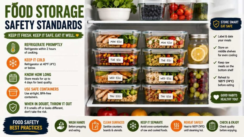 Organized refrigerator shelf storing healthy meal prep ideas for lunch in glass containers